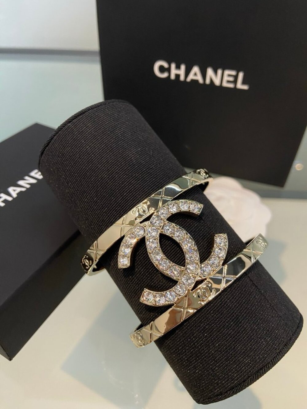 Chanel Gold-Tone Crystal CC Cuff Bracelet